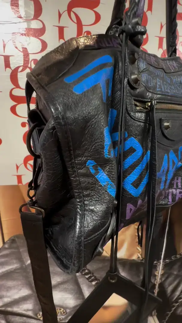 BOLSA BALENCIAGA MOTOCROSS CLASSIC GRAFFITI CITY BAG PRETO